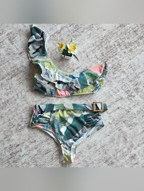 Tropical Leaf Print One-Shoulder Bikini Set - Green Pink